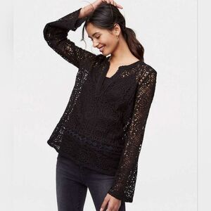 LOFT Black Lace Bell Sleeve V Neck See Through Tunic Blouse Size Large